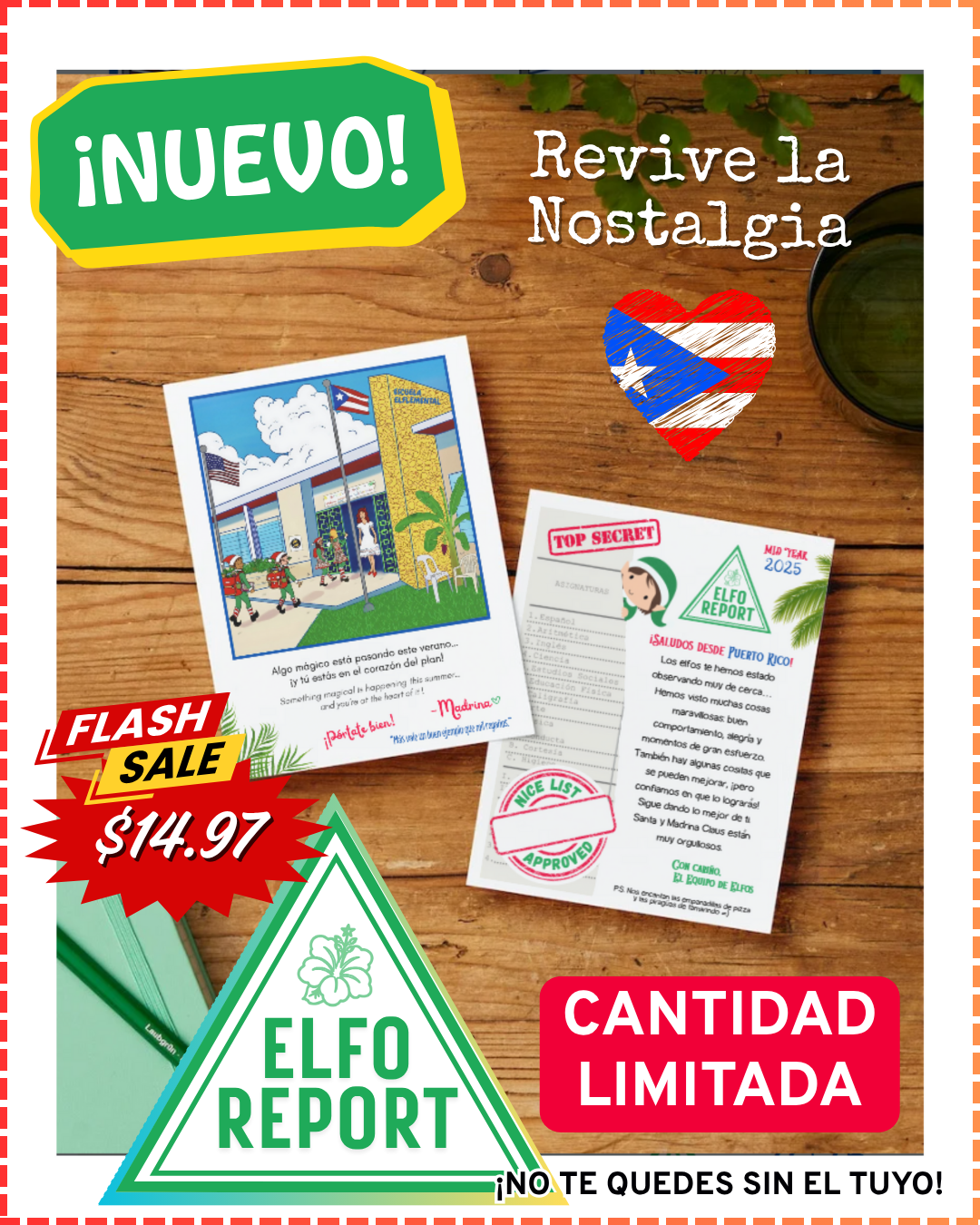 Two postcards on a wooden surface with promotional text and graphics.